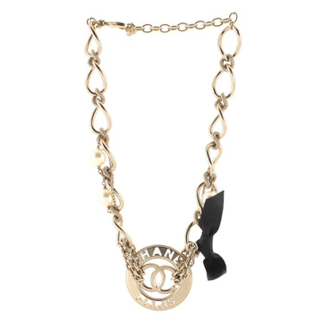 Chanel CC Medallion Pendant Chain Link Necklace Metal with Faux Pearls and Ribbon