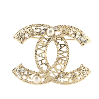 Chanel CC Lucky Symbols Cut Out Brooch Metal with Cryals and Faux Pearls