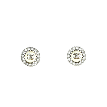Chanel Crystal Around CC Stud Earrings Embellished Metal with Faux Pearl
