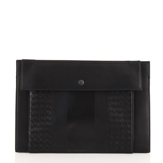 Bottega Veneta Front Pocket Top Zip Clutch Leather with Intrecciato Detail Large