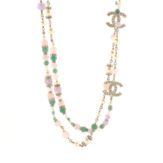 Chanel CC Long Double Strand Necklace Metal with Faux Pearls and Beads
