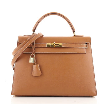 Hermes Kelly Handbag Brown Courchevel with Gold Hardware 32