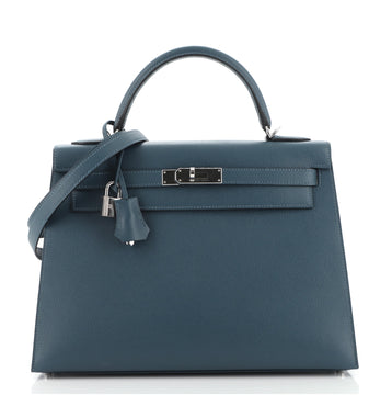 Hermes Kelly Handbag Blue Epsom with Palladium Hardware 32