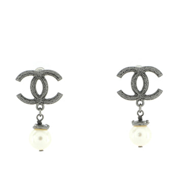 Chanel CC Pearl Drop Stud Earrings Metal with Faux Pearls