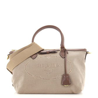 Prada Logo Convertible Zip Tote Canvas with Leather Small