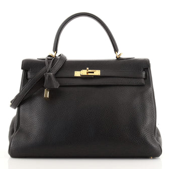 Hermes Kelly Handbag Black Clemence with Gold Hardware 35