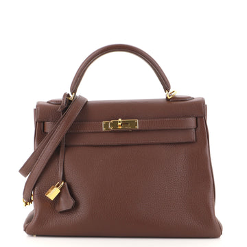 Hermes Kelly Handbag Brown Clemence with Gold Hardware 32