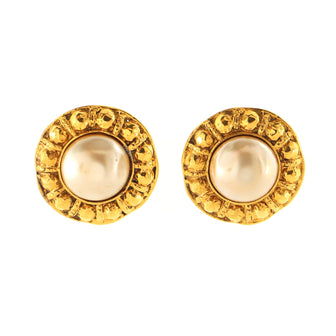 Chanel Vintage Round Clip-On Earrings Metal with Faux Pearl