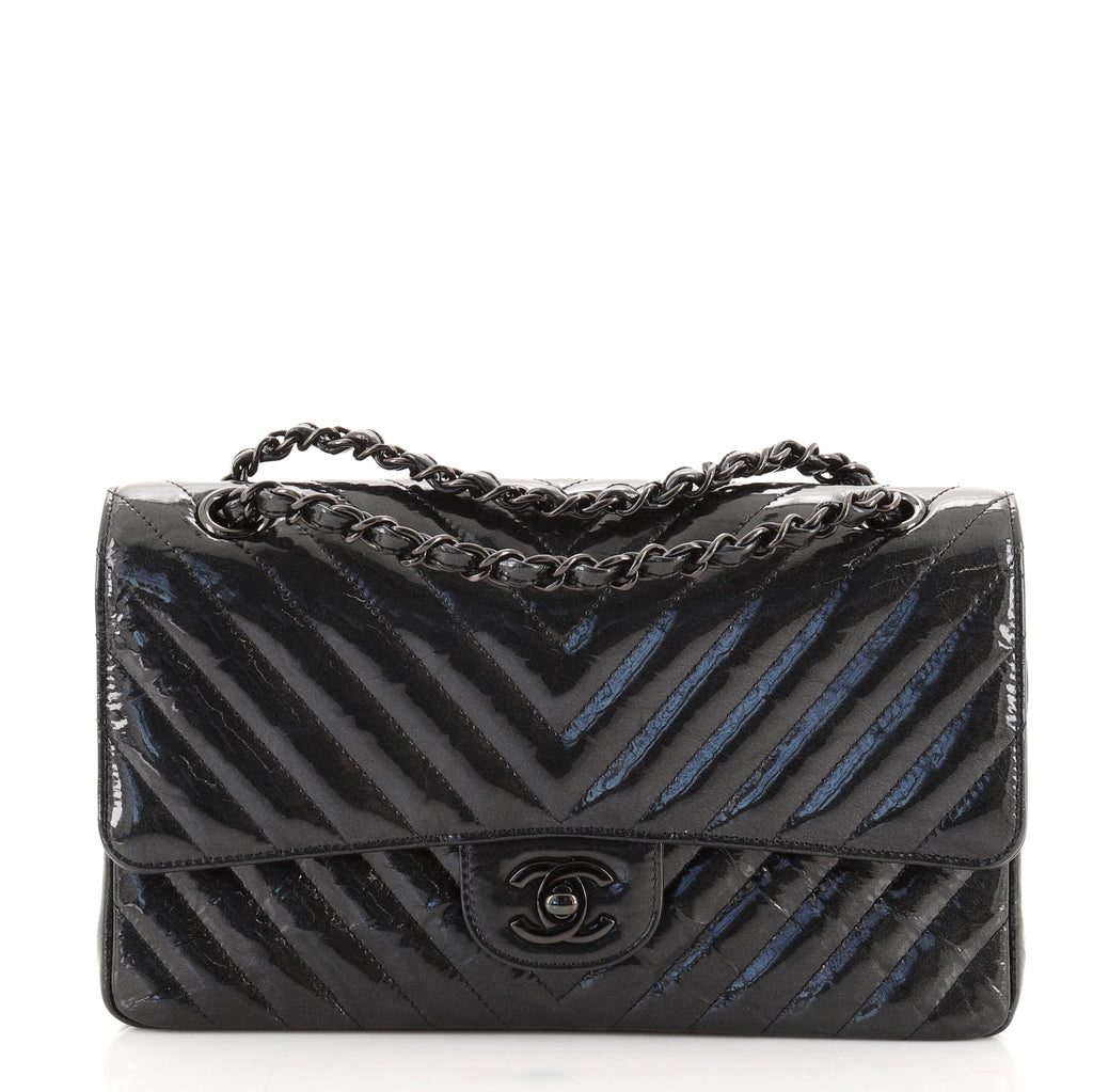 Chanel So Black Classic Double Flap Bag Chevron Crinkled Patent