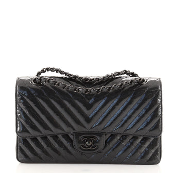 Chanel So Black Classic Double Flap Bag Chevron Crinkled Patent Medium