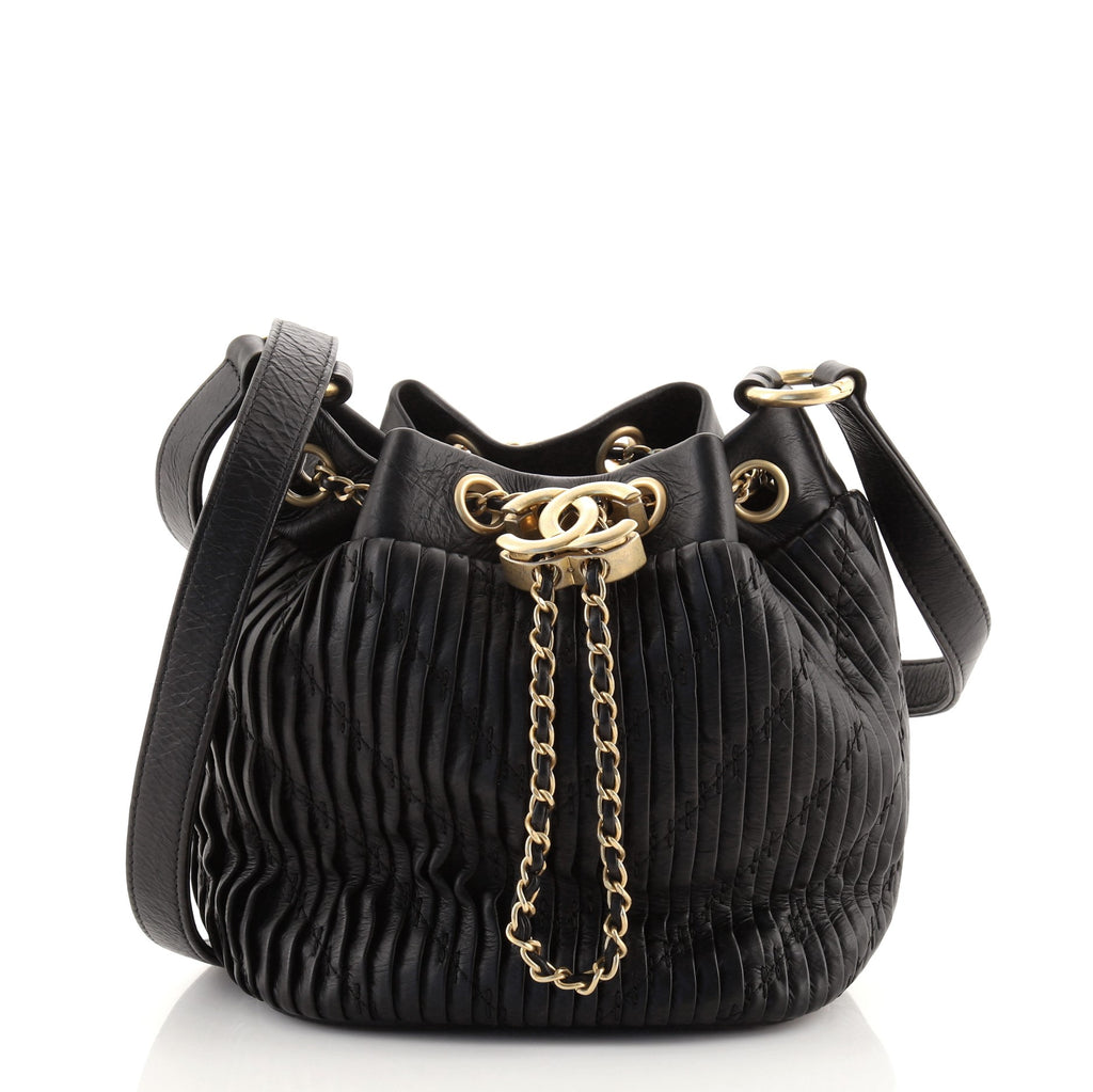Chanel Coco Pleats Drawstring Bag Pleated Crumpled Calfskin Small Black  83700439
