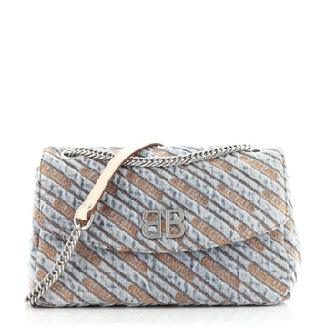 Balenciaga BB Chain Round Shoulder Bag Quilted Embroidered Denim Medium