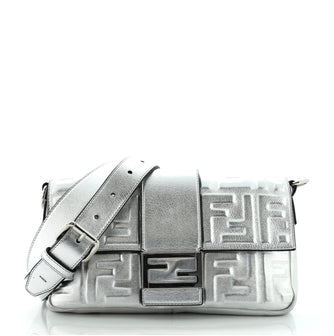 FENDI Baguette Bag in Silver Embossed Leather