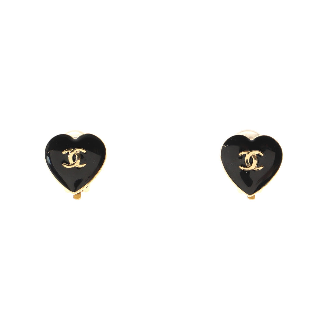 Chanel Yes No Heart Stud Earrings Metal and Enamel Small Black 8377765