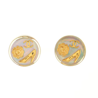 Chanel Vintage Charms Round Clip-On Earrings Holographic Resin Small