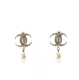 Chanel CC Drop Clip-On Earrings Crystal Embellished Metal with Faux Pearls