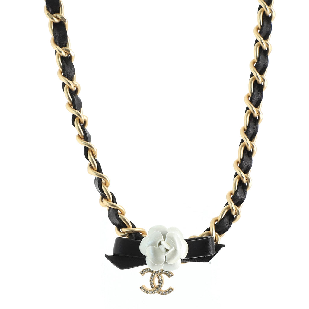 Chanel Camellia Bow Chain Choker Necklace Metal and Leather with Crystals  Black 838513