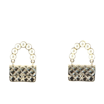 Chanel Flap Bag Stud Earrings Metal and Faux Pearls