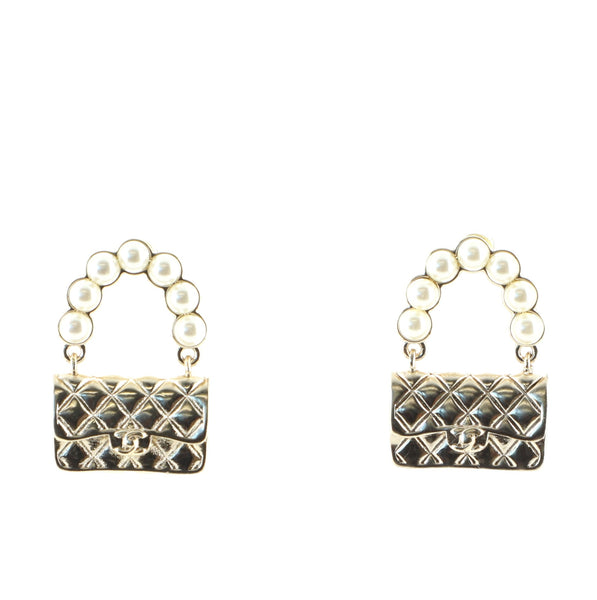Chanel Flap Bag Stud Earrings Metal and Faux Pearls Gold 839032