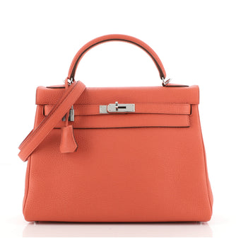 Hermes Kelly Handbag Orange Clemence with Palladium Hardware 32