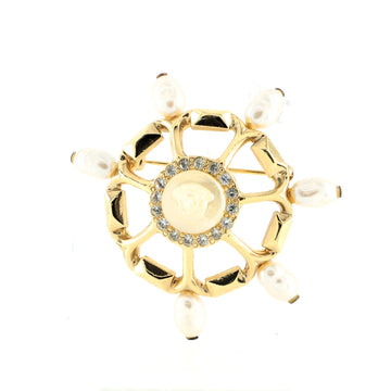Vintage Medusa Ship Wheel Brooch Crystal Embellished Metal with Faux Pearls