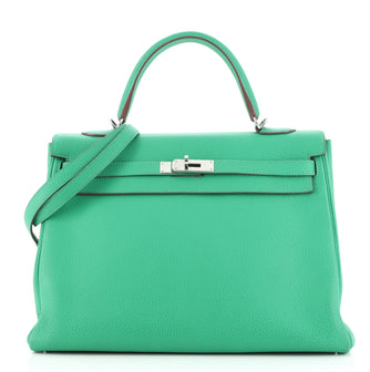 Hermes Kelly Handbag Green Clemence with Palladium Hardware 35