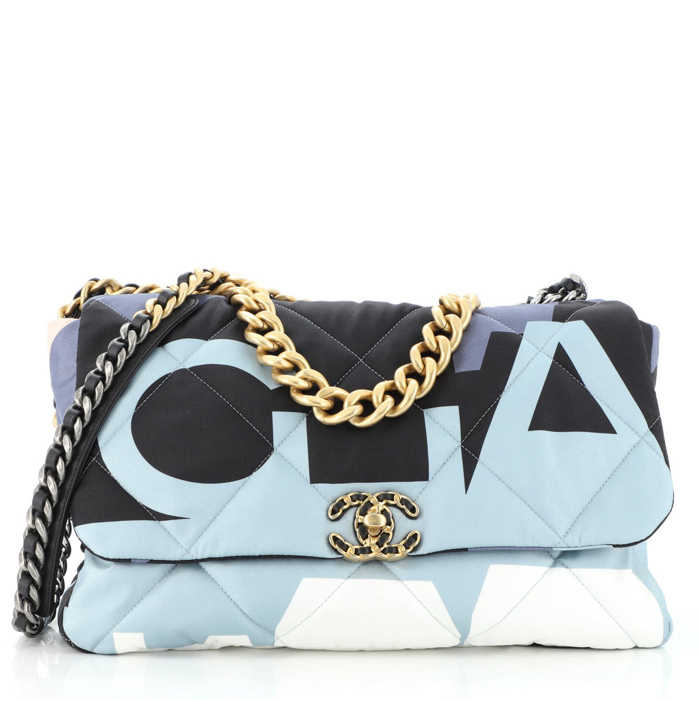 Chanel 19 Flap Bag Quilted Printed Silk Maxi Blue 840041