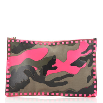 Valentino Rockstud Pouch Camo Leather and Canvas Large