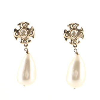 Chanel CC Tear Drop Dangle Clip-On Earrings Metal with Faux Pearls