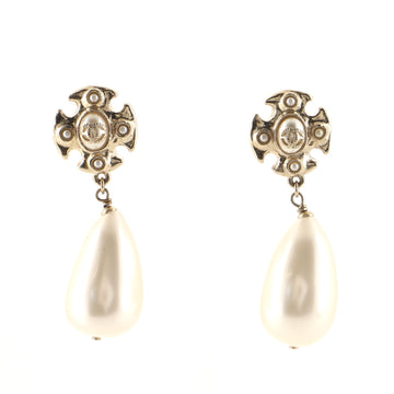 Chanel CC Tear Drop Dangle Clip-On Earrings Metal with Faux Pearls