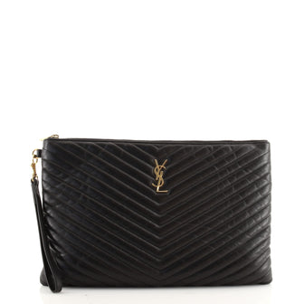 Saint Laurent Classic Monogram Wristlet Pouch Matelasse Chevron Leather Large