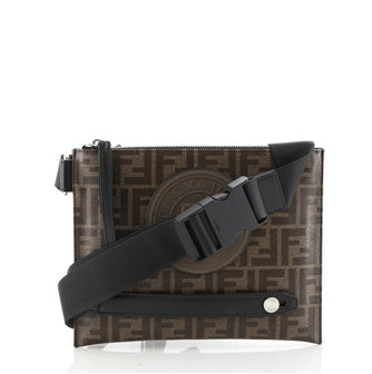 Fendi FF Logo Stamp Flat Messenger Bag Zucca Coated Canvas Small