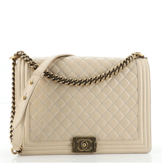 CHANEL Boy Bag - CHANEL Leather White Glazed Quilted Large