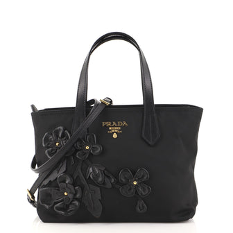 Prada Flowers Shopping Tote Leather Embellished Tessuto Small