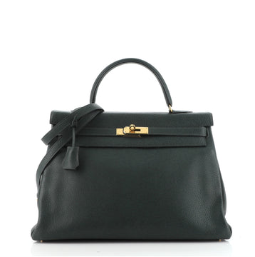 Hermes Kelly Handbag Green Clemence with Gold Hardware 35