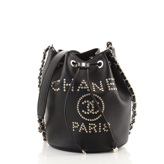 Chanel Deauville Drawstring Bucket Bag Studded Caviar Medium