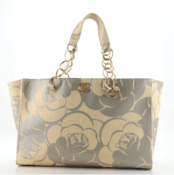 Chanel Vintage Camellia Chain Tote Printed Raffia Medium