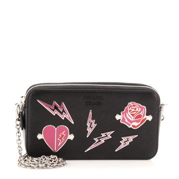 Prada Monochrome Double Zip Wallet on Chain Crossbody Pin Embellished Saffiano Leather