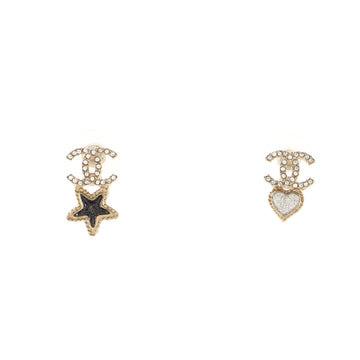 Chanel CC Heart and Star Drop Earrings Metal with Rhinestones and Glitter Resin