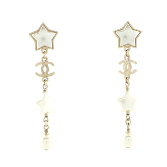 Chanel CC Star Dangle Earrings Faux Pearl with Metal