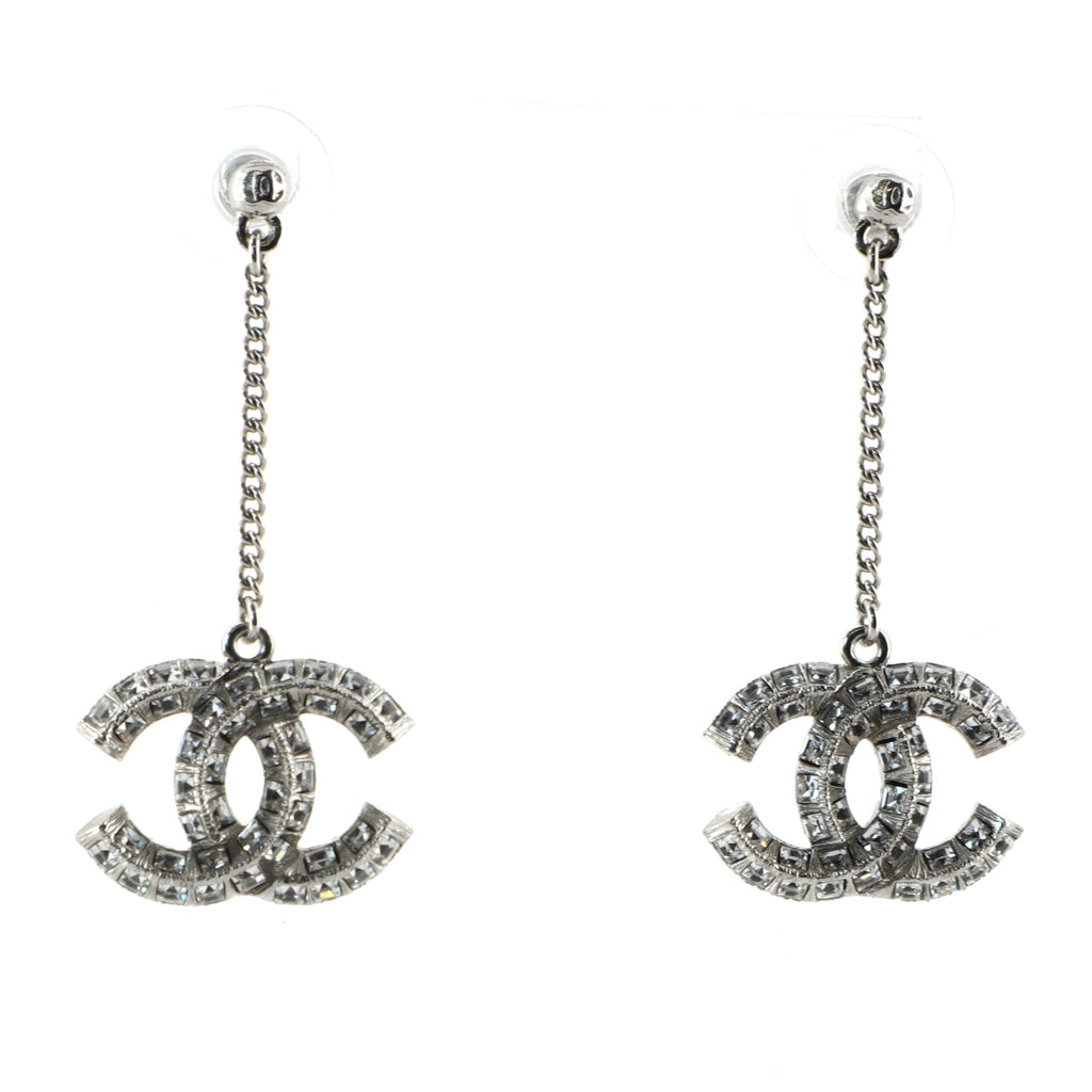 CHANEL Baguette Crystal CC Drop Earrings Silver | FASHIONPHILE
