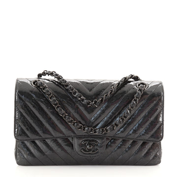 Chanel So Black Classic Double Flap Bag Chevron Crumpled Metallic Patent Medium
