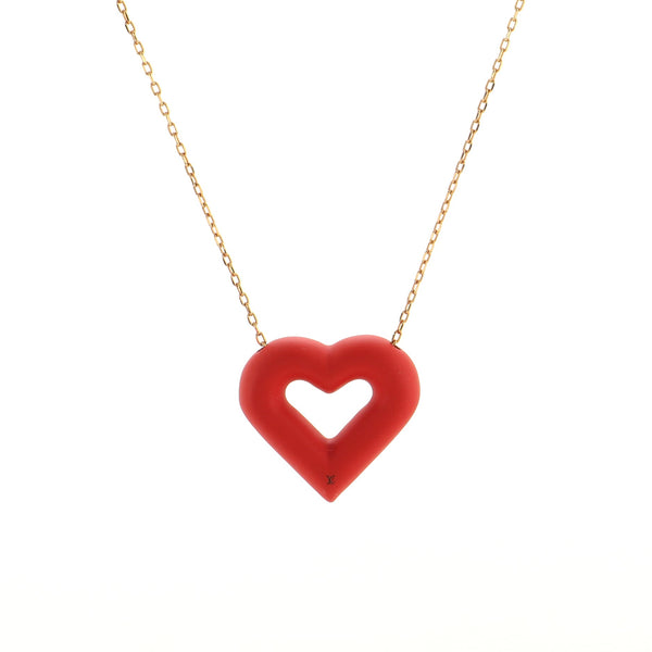 Louis Vuitton LV and V Red Heart Pendant Necklace Metal and Rubber