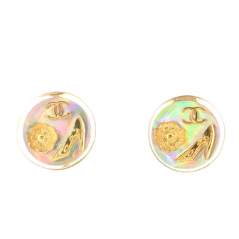 Chanel Vintage CC Camellia Heels Round Clip-On Earrings Metal and Resin