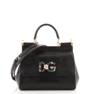 Dolce & Gabbana Miss Sicily Bag Lizard Embossed Leather with Crystal Detail Small