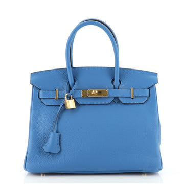 Hermes Birkin Handbag Blue Clemence with Gold Hardware 30