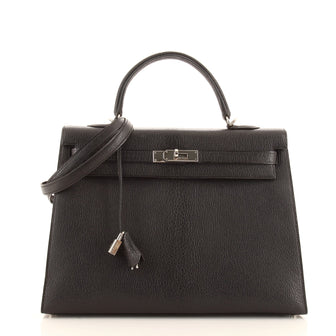 Hermes Kelly Handbag Black Chevre de Coromandel with Palladium Hardware 35