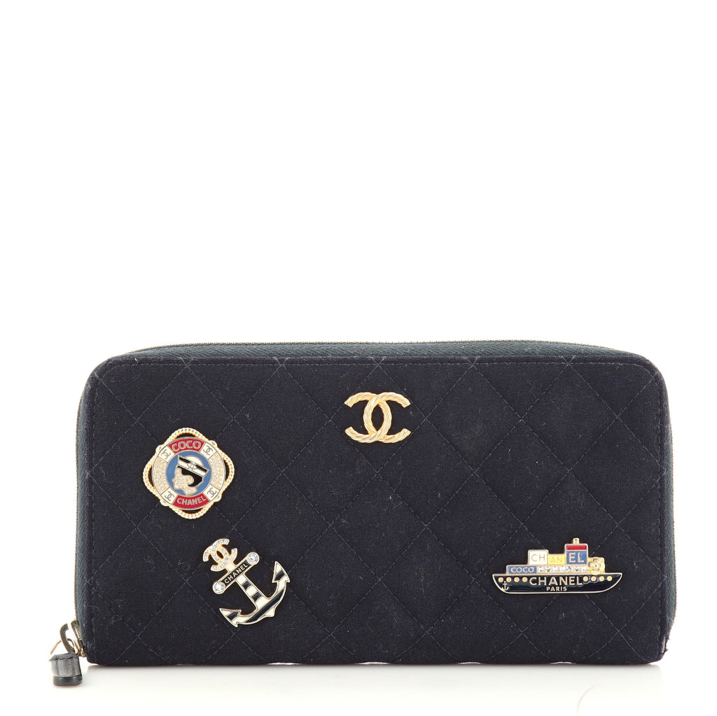 Chanel Marine Charms Zip Around Wallet Quilted Jersey Long Blue