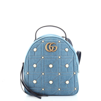 Gucci Pearly GG Marmont Backpack Embellished Matelasse Denim Small