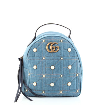 Gucci Pearly GG Marmont Backpack Embellished Matelasse Denim Small